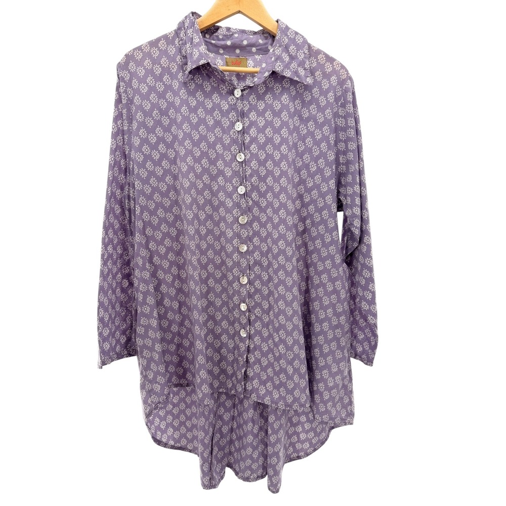 Tulip Womens Purple Cotton Block Print Button Down Tunic Top Pockets Size M